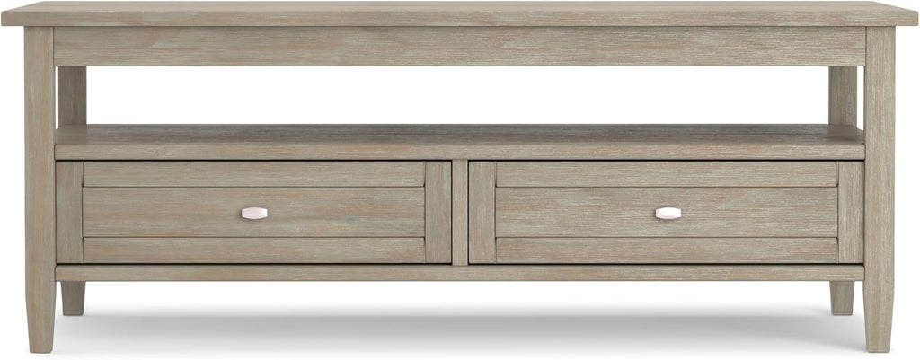SIMPLIHOME Warm Shaker Coffee Table - 48 inch Wide Solid Wood Coffee Table in Distressed Grey, Transitional Living Room Table with 2 Drawers, Open Shelf, Shaker Fronts and Tapered Legs