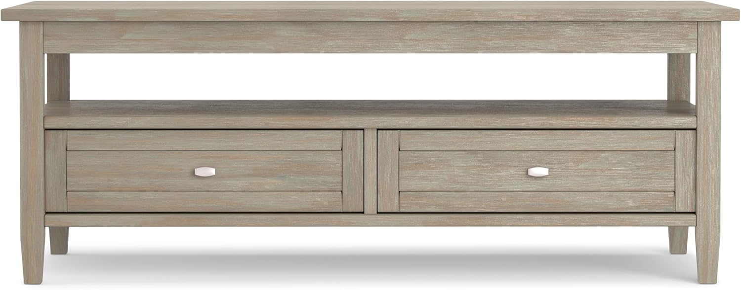 SIMPLIHOME Warm Shaker Coffee Table - 48 inch Wide Solid Wood Coffee Table in Distressed Grey, Transitional Living Room Table with 2 Drawers, Open Shelf, Shaker Fronts and Tapered Legs