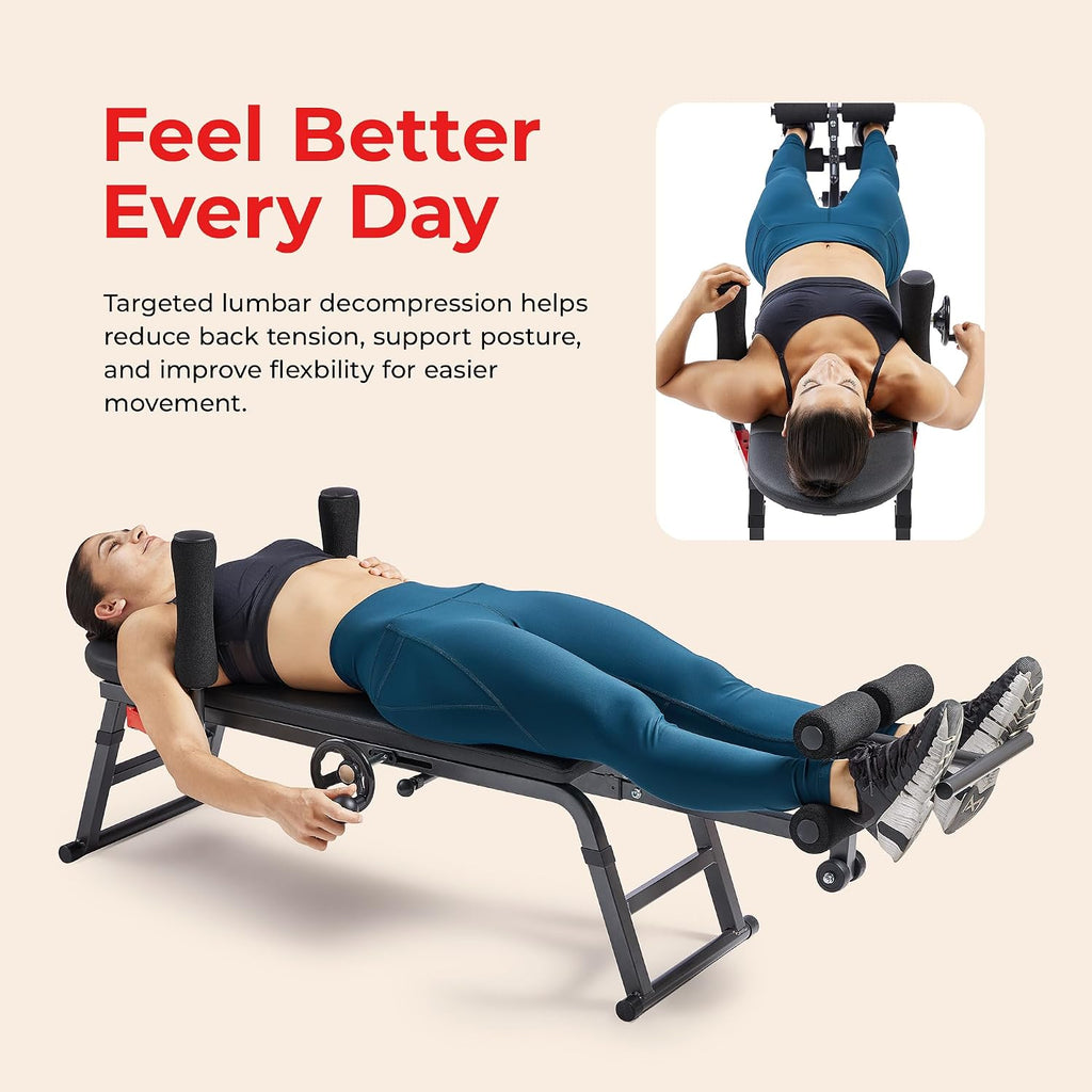Sunny Health & Fitness No-Hang Traction & Inversion Decompression Table for Back Pain Relief, Adjustable Stretch Bench, 400 LB Capacity