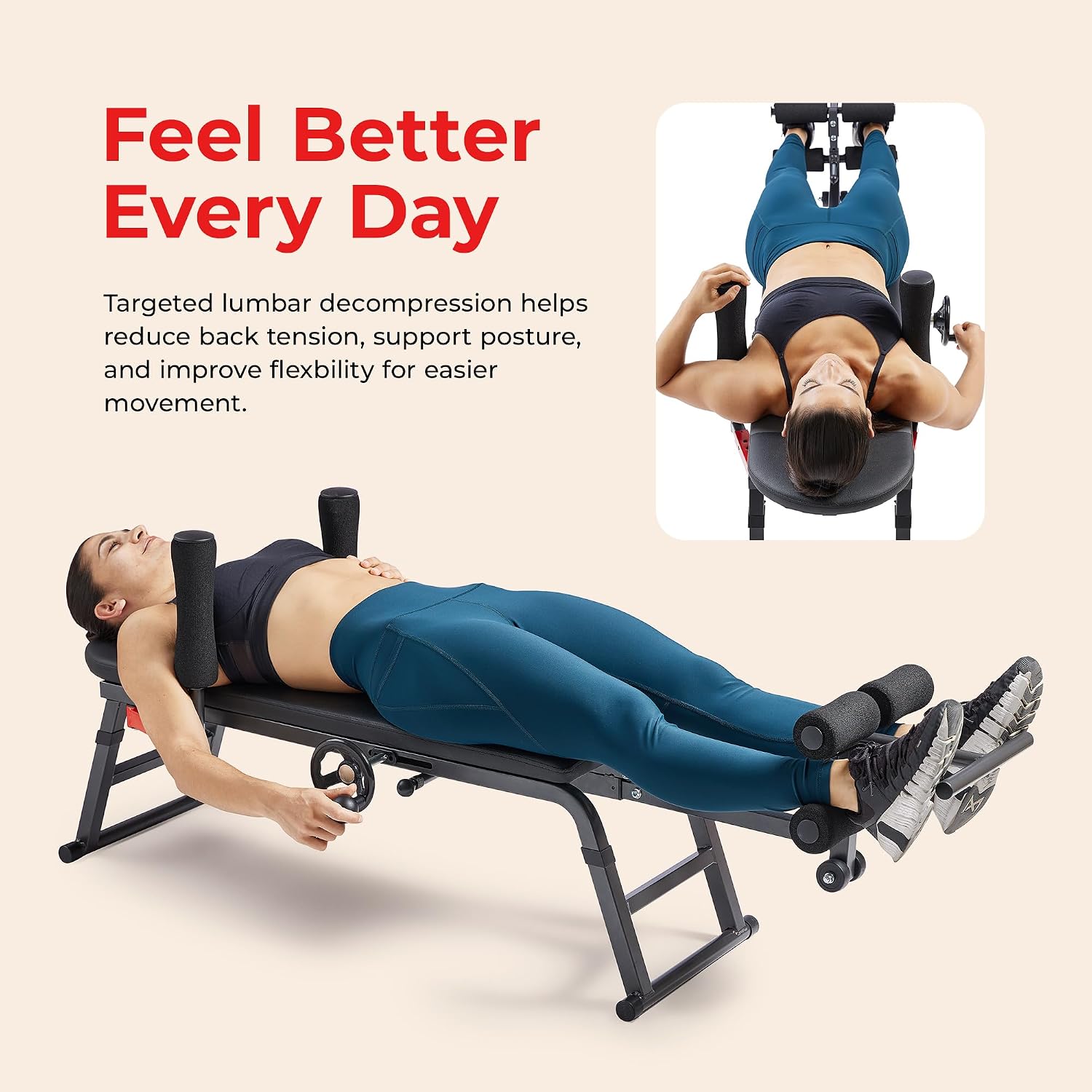 Sunny Health & Fitness No-Hang Traction & Inversion Decompression Table for Back Pain Relief, Adjustable Stretch Bench, 400 LB Capacity