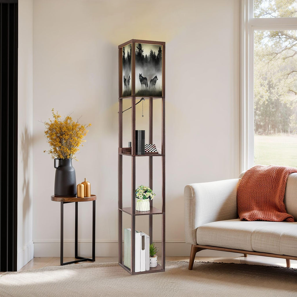 Floor Lamp with Shelves 3D Render Timber Wolfs Standing Tall Lamp USB Ports & Power Outlet Modern Corner Lamp Nightstand Light for Living Room Bedroom