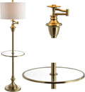 JONATHAN Y 60' Brass Gold Floor Lamp with Integrated Glass Side Table, Modern Swing Arm Standing Lamp for Living Room, White Linen Shade, LED Bulb Included JYL3055A