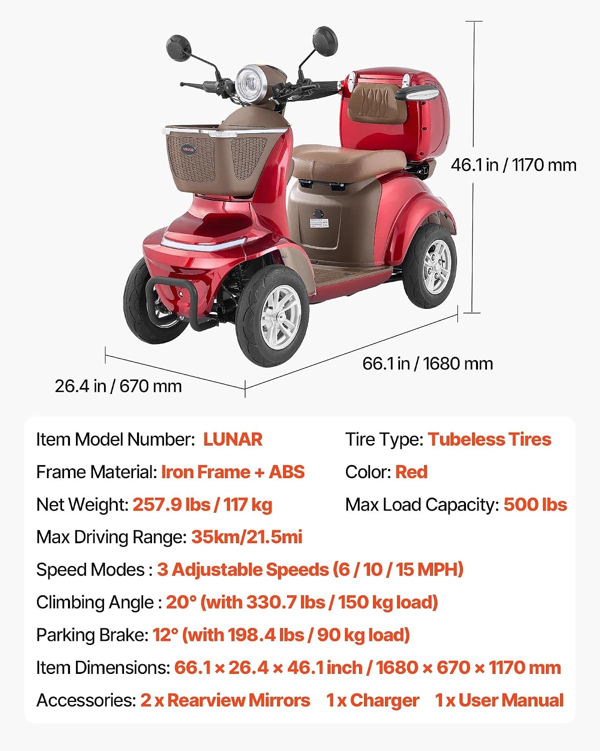 VEVOR Heavy Duty 4-Wheel Mobility Scooter, Powerful 1000W Brushless Motor, 500 lbs Capacity, 21.5 Miles Long Range, All Terrain Mobility Scooter with Lockable Trunk for Seniors & Adults