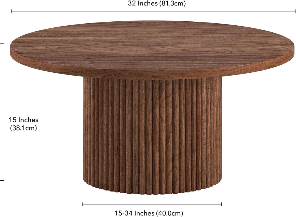 Henn&Hart 32' Fluted Round Wooden Pedestal Low-Profile Coffee Table for Living Room, Family Room, Office, or Apartment, Medium Walnut