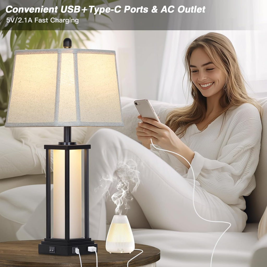 Cinkeda 27' Tall Vintage Table Lamp Set of 2 with USB C+A & Outlet,Black Industrial End Table Lamp for Living Room,Farmhouse Rustic Bedside Lamps with Bell Lampshades for Bedroom Nightstand,Black