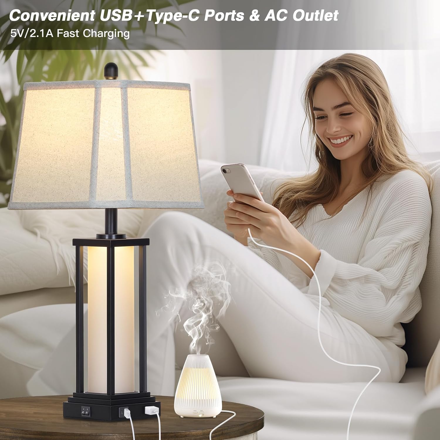 Cinkeda 27' Tall Vintage Table Lamp Set of 2 with USB C+A & Outlet,Black Industrial End Table Lamp for Living Room,Farmhouse Rustic Bedside Lamps with Bell Lampshades for Bedroom Nightstand,Black