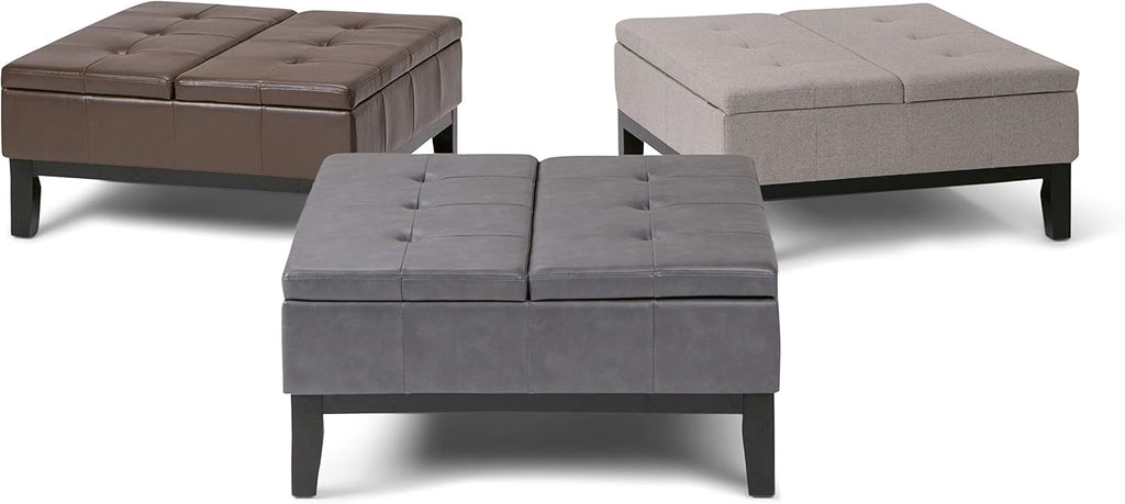 SIMPLIHOME Dover 36 inch Wide Contemporary Square Coffee Table Storage Ottoman in Stone Grey Vegan Faux Leather, Assembled, For the Living Room and Bedroom