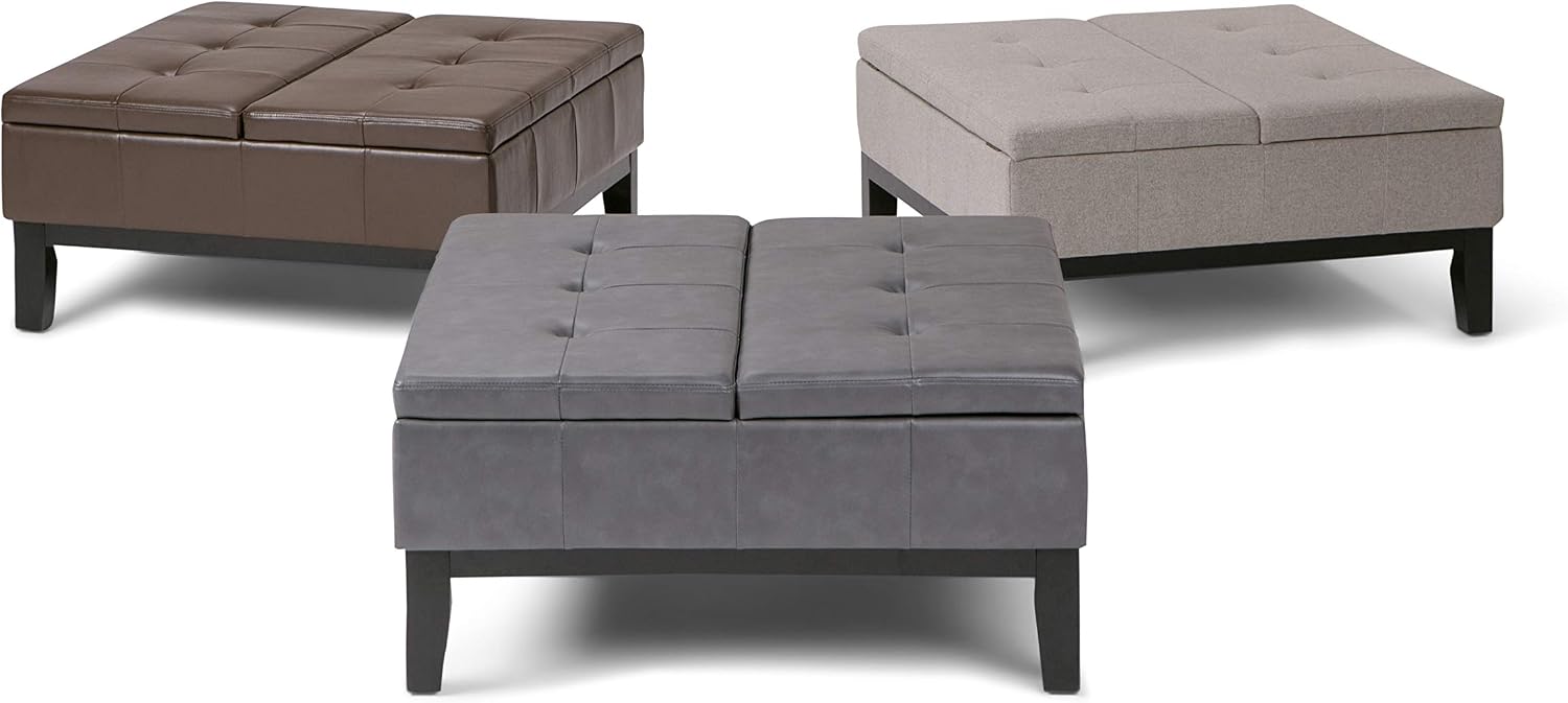 SIMPLIHOME Dover 36 inch Wide Contemporary Square Coffee Table Storage Ottoman in Stone Grey Vegan Faux Leather, Assembled, For the Living Room and Bedroom