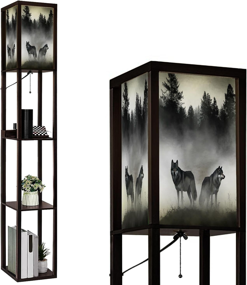 Floor Lamp with Shelves 3D Render Timber Wolfs Standing Tall Lamp USB Ports & Power Outlet Modern Corner Lamp Nightstand Light for Living Room Bedroom