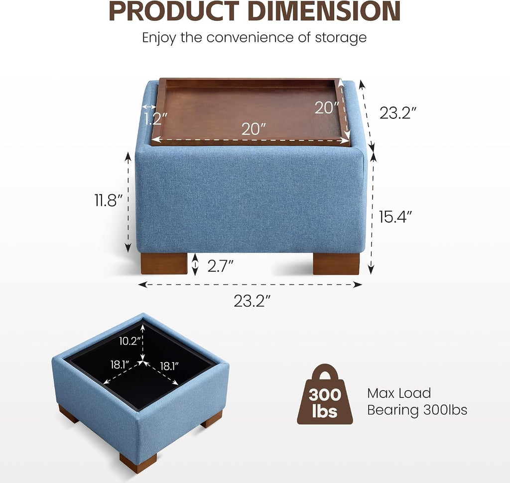 WUTUTUEE 24' Square Ottoman Coffee Table with Storage, Fabric Ottomans with Tray and Solid Wood Legs for Living Room, Bedroom and Apartments, Small Modern Ottoman Tea Table with Lift-Off Lid, Blue