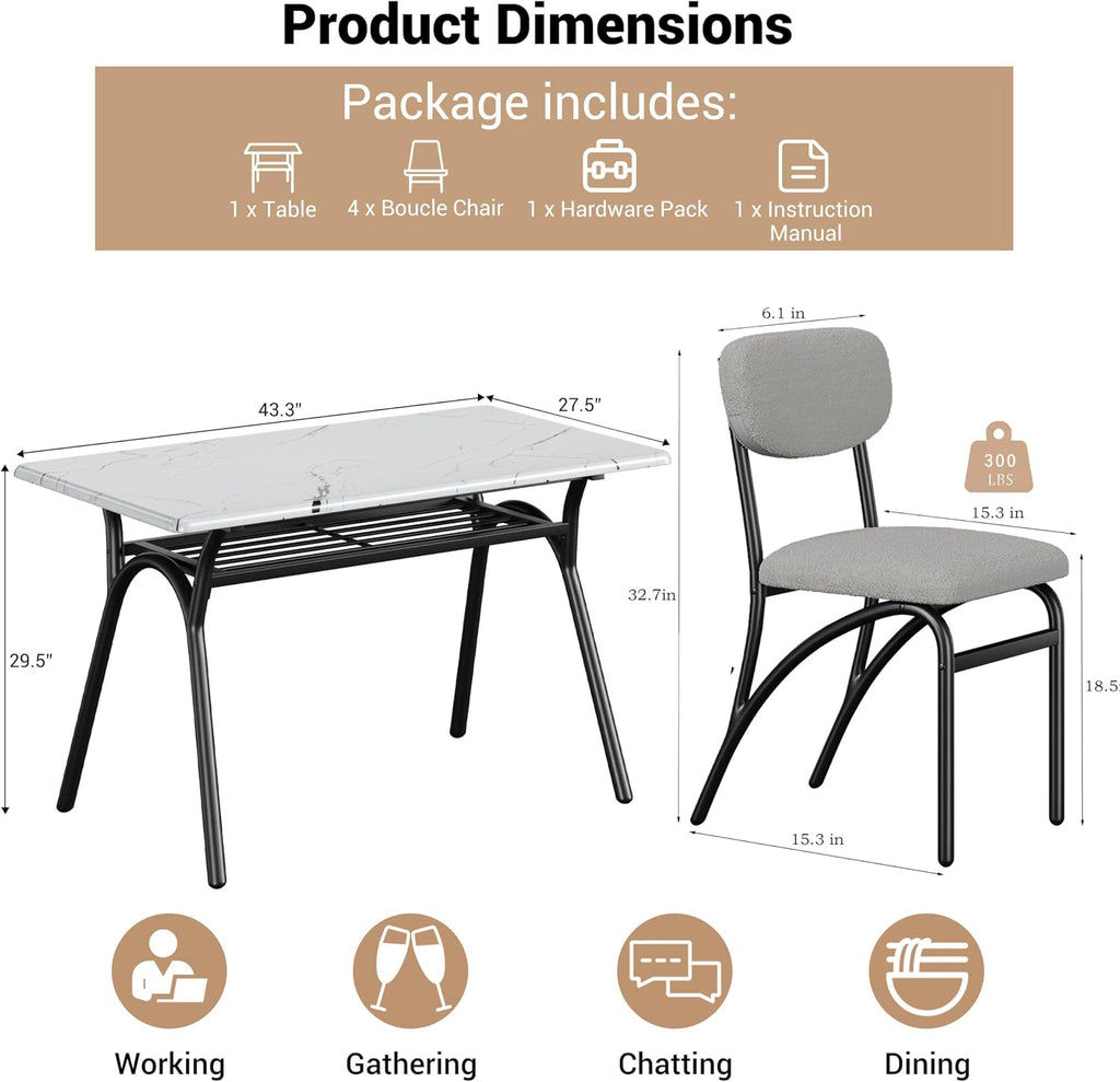 GarveeHome 5-Piece Dining Table Set for 4, Modern Kitchen Table with 4 Boucle Chairs, Rectangular Dining Table with Storage Shelf & Marble Tabletop, Beige Home Dining Furniture for Small Space