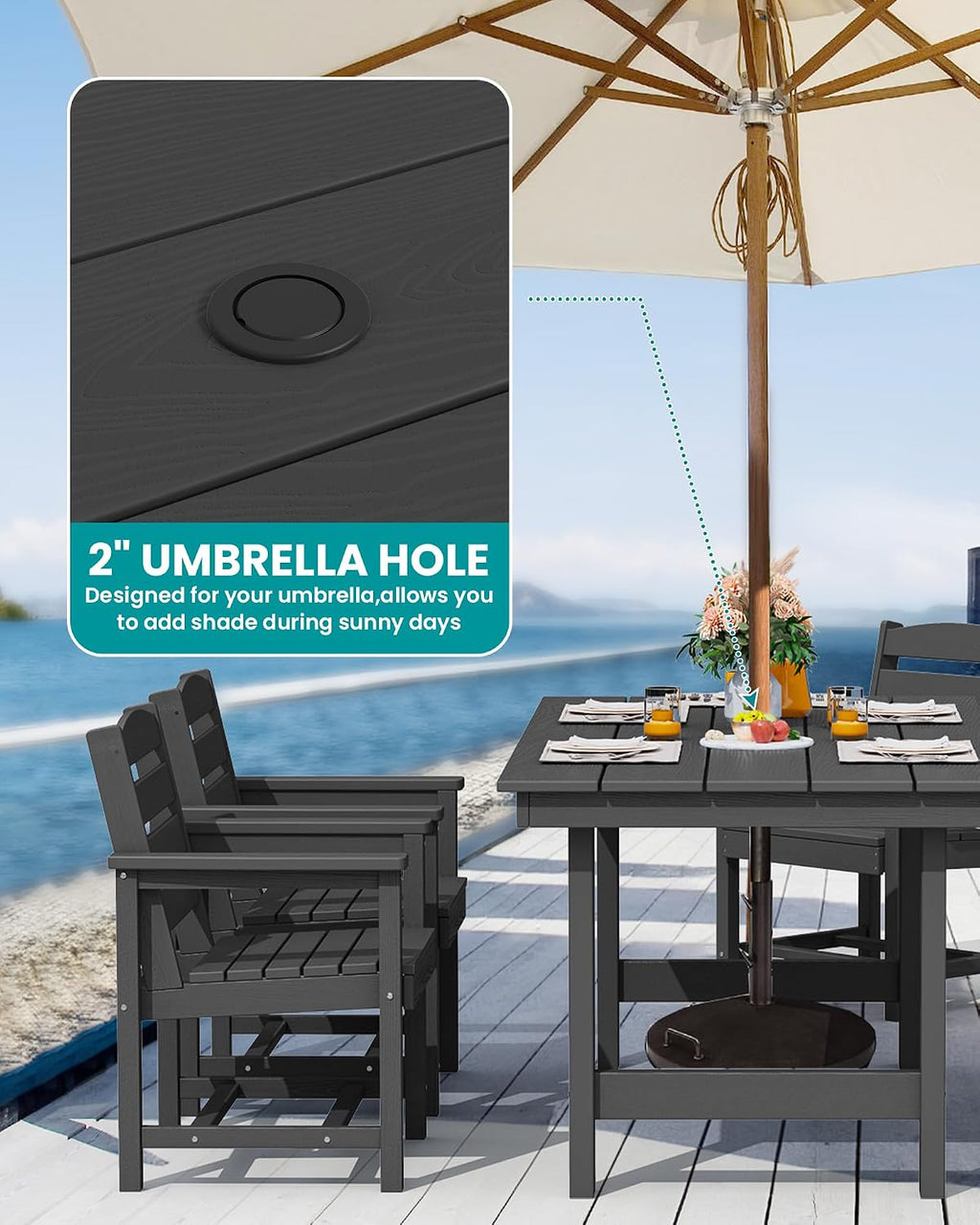 SERWALL Patio Dining Table Sets 5-Piece, Outdoor HDPE Dining Furniture Set with Umbrella Hole Cut-Out Table and 4 Chairs, All Weather Dining Set for Lawn, Garden, Backyard, Poolside, Black
