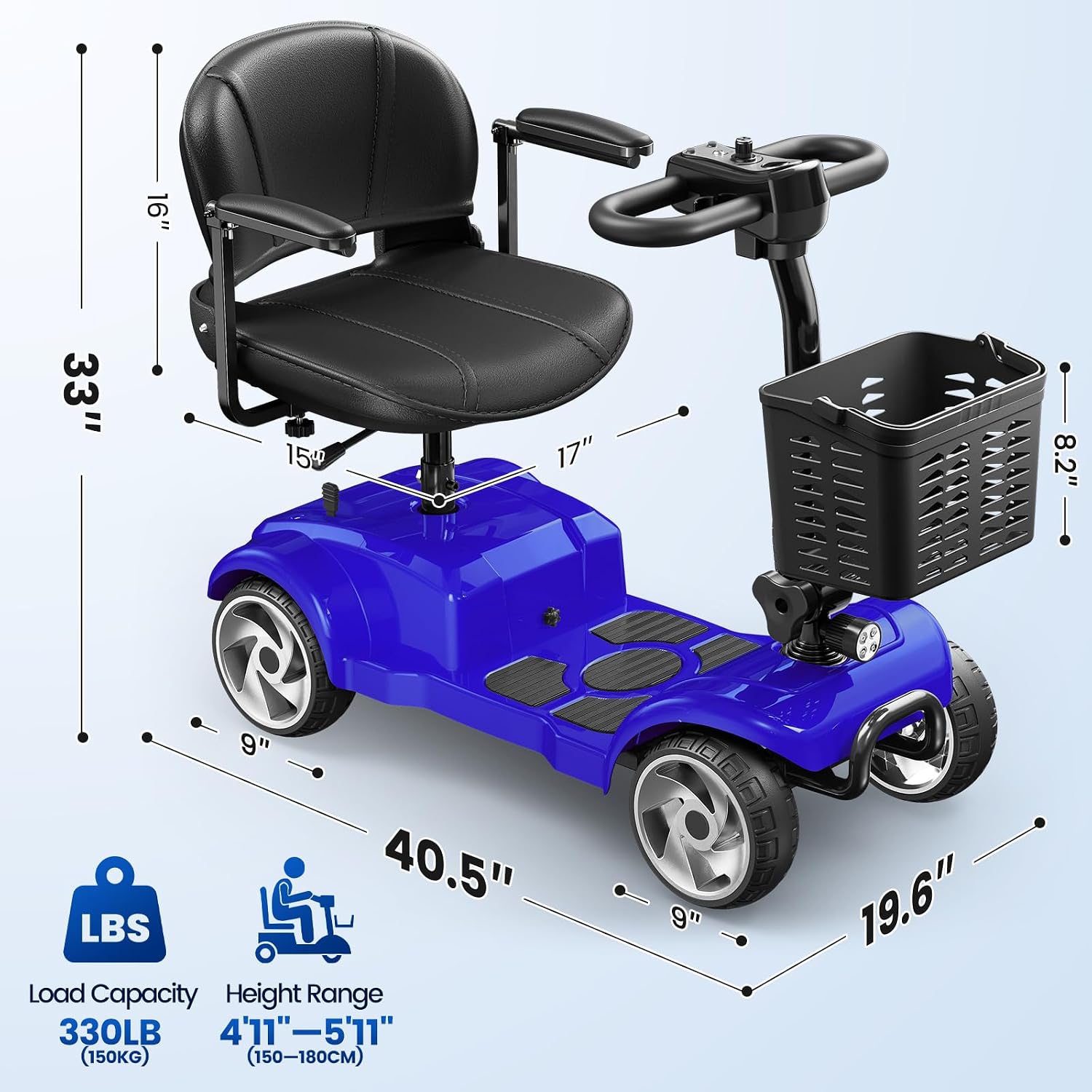 4 Wheel Electric Mobility Scooter for Adults and Seniors, 20 Miles Range Foldable Electric Scooter, Compact Heavy Duty Mobile for Cruise Travel with 300 lb Capacity, Powered Electric Wheelchair, Blue