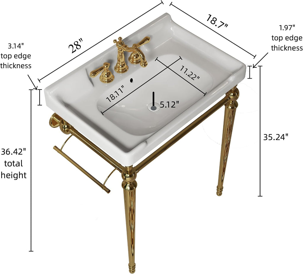 28' Bathroom Console Sink, Wall-Mounted White Ceramic Vanity Basin with 3 Pre-drilled Faucet Holes, Freestanding Gold Stainless Steel Support Legs with Towel Bar, No Faucet - Rome, White