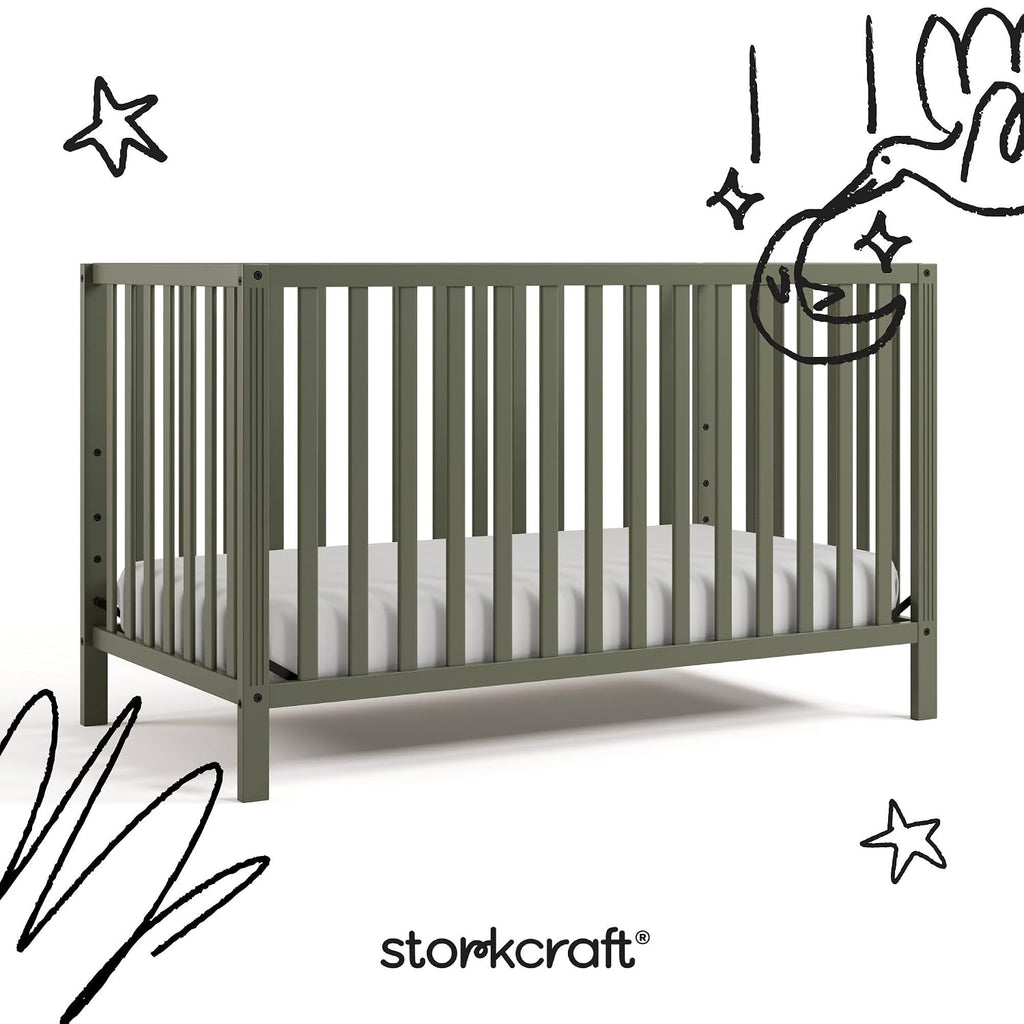 Storkcraft Morningside 5-in-1 Convertible Crib – GREENGUARD Gold Certified, Fits Standard Crib Mattress, Converts to Toddler Bed, Daybed and Full Bed, 4 Adjustable Mattress Heights (Olive)