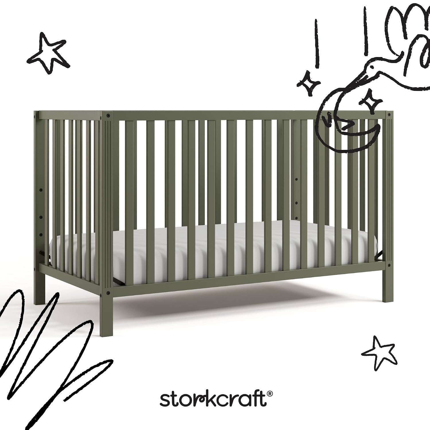 Storkcraft Morningside 5-in-1 Convertible Crib – GREENGUARD Gold Certified, Fits Standard Crib Mattress, Converts to Toddler Bed, Daybed and Full Bed, 4 Adjustable Mattress Heights (Olive)