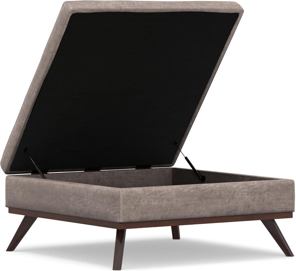 SIMPLIHOME Owen XL Square Coffee Table Storage Ottoman - 40 inch Wide Upholstered Vegan Leather Lift-Top Ottoman in Distressed Grey Taupe, Mid-Century Modern Ottoman for Living Room with Storage