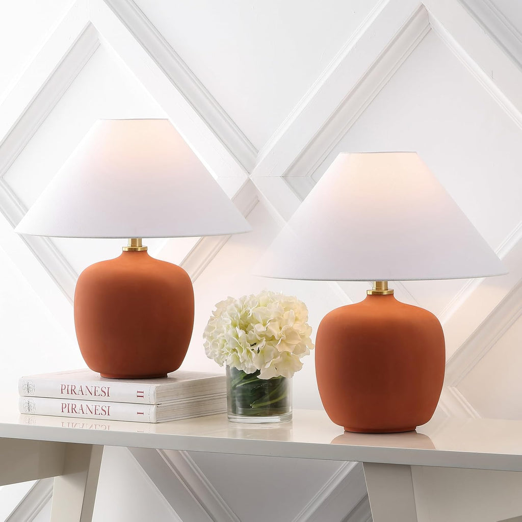 JONATHAN Y 18.25' Matte Wine Red Minimalist Table Lamps Set of 2 for Bedroom, White Linen Shade, Modern Scandinavian Bedside Lamps for Living Room Nightstand, LED Bulbs Included (JYL5600C-SET2)