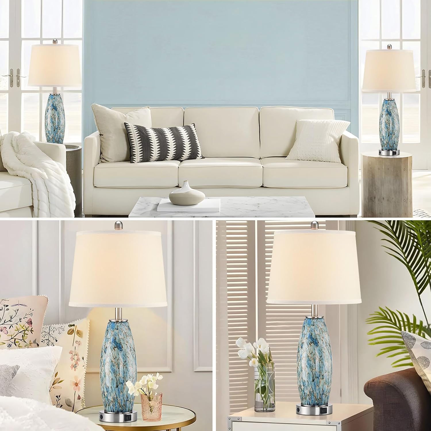 29' Tall Table Lamps Set of 2, Large Modern Lamps for Bedroom with Nightlight, Coastal Bedside Lamps with USB C+A, Glass Nightstand Table Lamps for Living Room, Bulbs Included