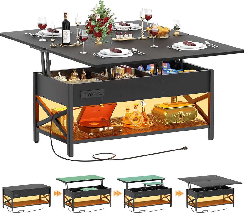 Aheaplus Coffee Table Lift Top Multi-Function Coffee Table Converts to Dining Table, with LED Light and Power Outlet, Center Table with Shelves for Living Room Reception Home Office, Black