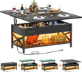Aheaplus Coffee Table Lift Top Multi-Function Coffee Table Converts to Dining Table, with LED Light and Power Outlet, Center Table with Shelves for Living Room Reception Home Office, Black