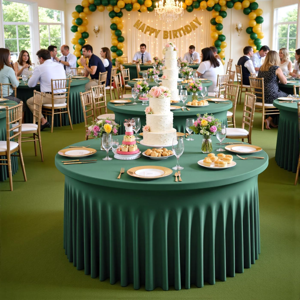 leegleri 6 Pack Spandex Hunter Green 72Inch Round Tablecloths, Stretchy 132inch Fitted 6FT Round Table Cloths, Wrinkle Free Table Cover with Skirt for Wedding Birthday Party Bridal Shower Banquet
