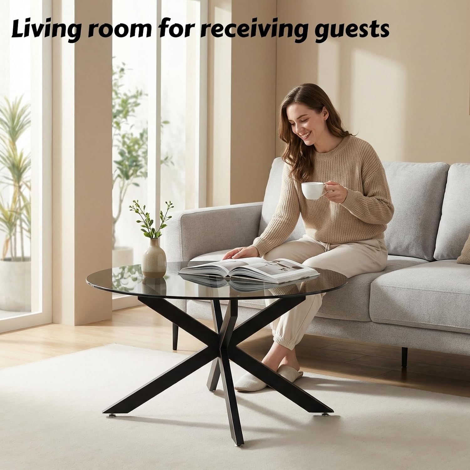 Black Round Glass Coffee Table for Living Room, Home Office, Modern & Simple Center Table with Gray Tempered Glass Top, 35.5' Wx19.7 H