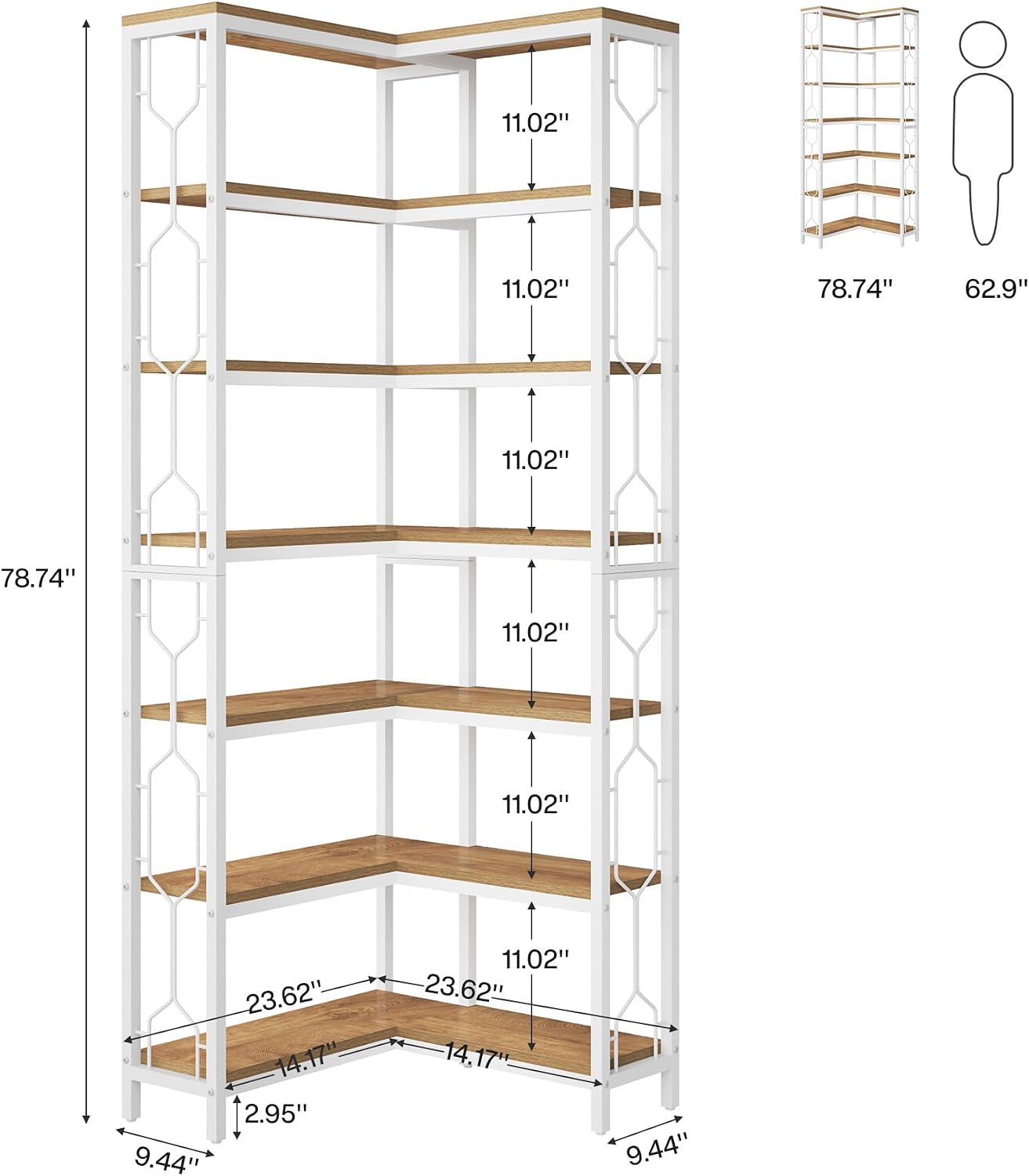 Tribesigns 7-Tier Corner Shelf, 78.7' Tall Bookshelf with Storage, Corner Bookshelf and Bookcase, Industrial Display Shelf for Living Room, Bed Room, Home Office (White and Natural)
