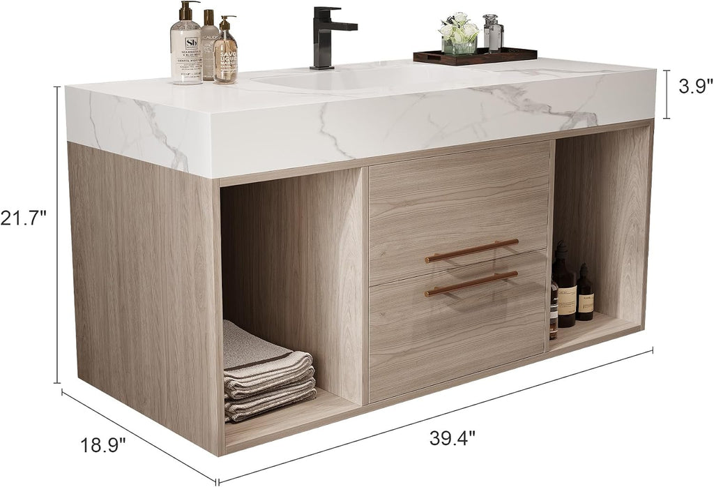 39.4' Bathroom Vanity with Oval Ceramic Sink, Floating Vanity Bathroom Sink Cabinet Wall Mount, Soft-Close Function 2 Large Hidden Drawers & Shelf