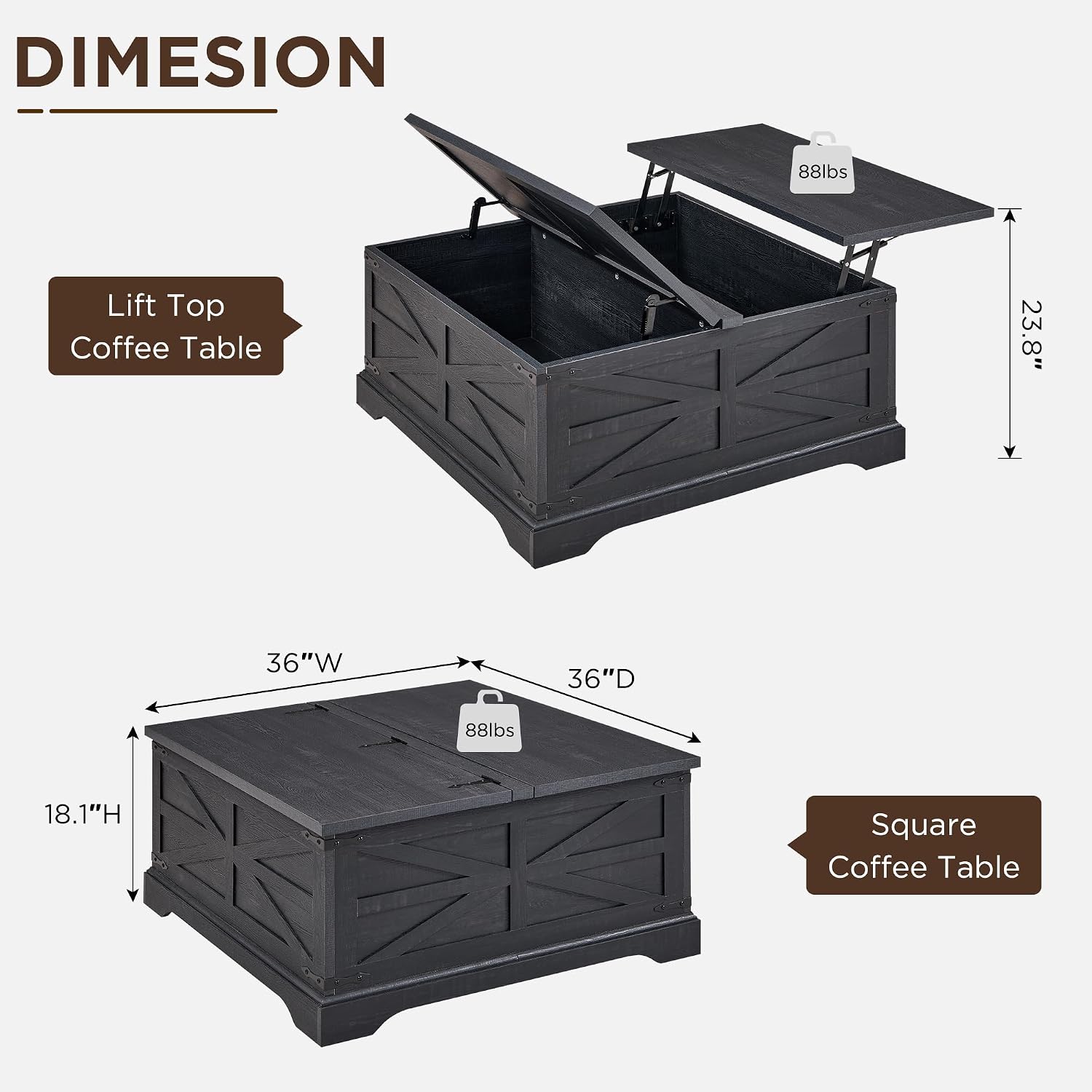 JXQTLINGMU 36' Lift Top Coffee Table with Storage, Farmhouse Square Center Table with Large Hidden Compartment, Wood Lift Tabletop Dining Table for Home Living Room, Black