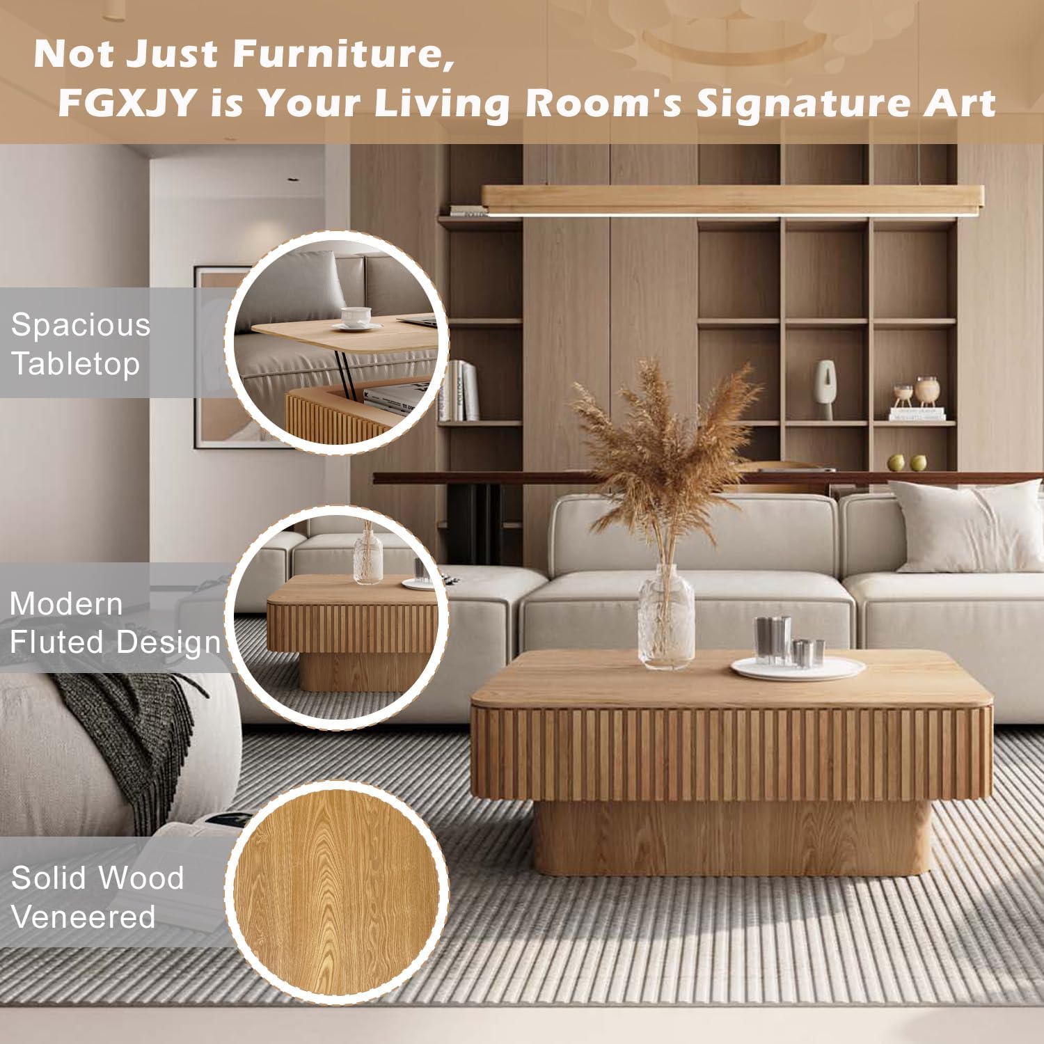 Lift Coffee Table with Storage & Adjustable Height, Solid Wood Coffee Table Fluted Center Table Accent Tea Table or Living Room, Apartment, Office (38.6' Natural)