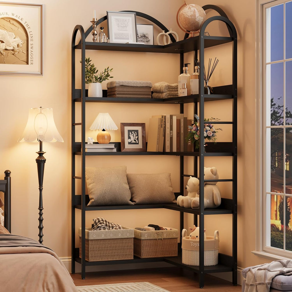 TrailBlaze 68' Tall Corner Bookshelf, 5-Tier Arched Bookshelf Bookcase with Open Shelves, Freestanding Display Shelf L Shaped Wood Corner Bookcase for Home Office, Bedroom, Living Room, Black
