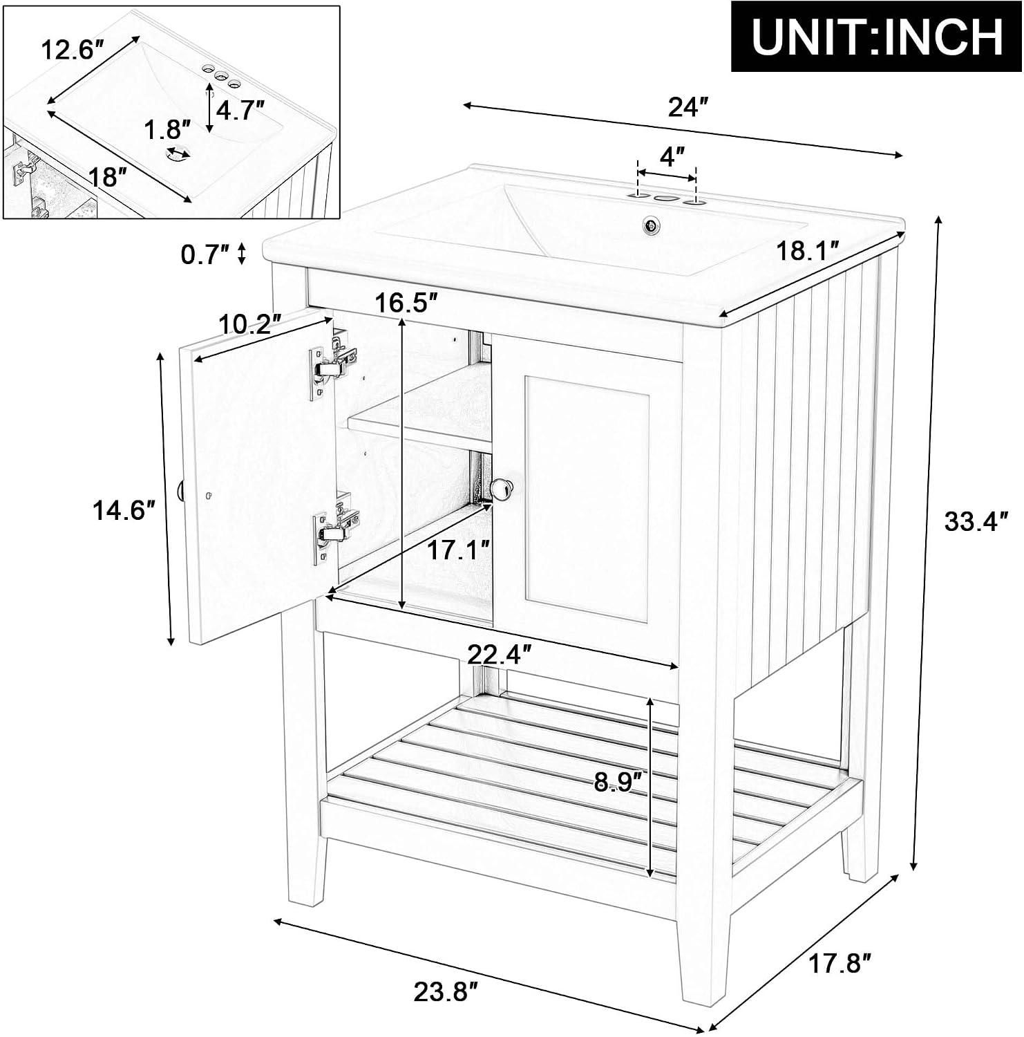 24 Inch Bathroom Vanity with Sink, Small Bathroom Sink Cabinet with Ceramic Basin & Solid Wood Frame and Open Shelf Storage for Small Space, Morandi White Style (Brown)