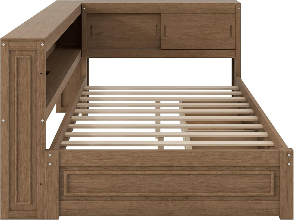 Full Size Daybed with Storage Drawers and Shelves,Antique Wood | Convertible Headboard,Pine Wood Corner Bed,Charging Station,LED Lights,Kids Boys Girls Teens