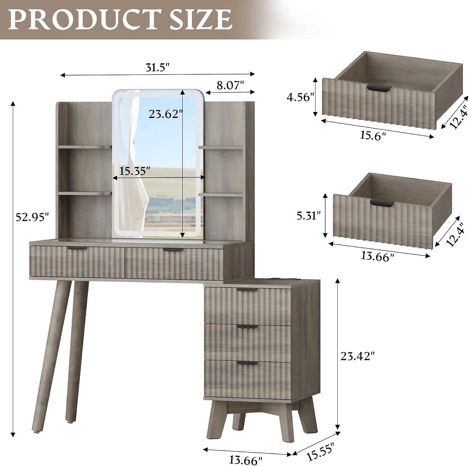 Xixini Fluted Vanity Desk with Mirror and Lights, Glass Top Makeup Table Set with 5 Drawers, Power Outlet & Storage Cabinet, Large Dressing Table with RGB Ambient Light for Bedroom Women Girls, Grey
