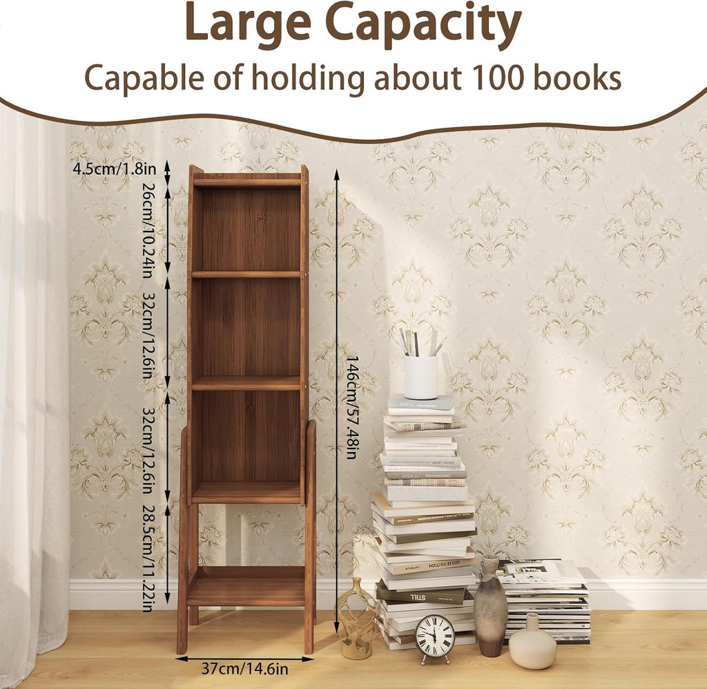 5 Tier Mid Century Bookcase,Open Floor Standing Storage Bookshelf,Modern Organizer Narrow Bookcase,Free Standing Organizer Shelves for Study Living Room Kitchen Office Bedroom Balcony(Brown)