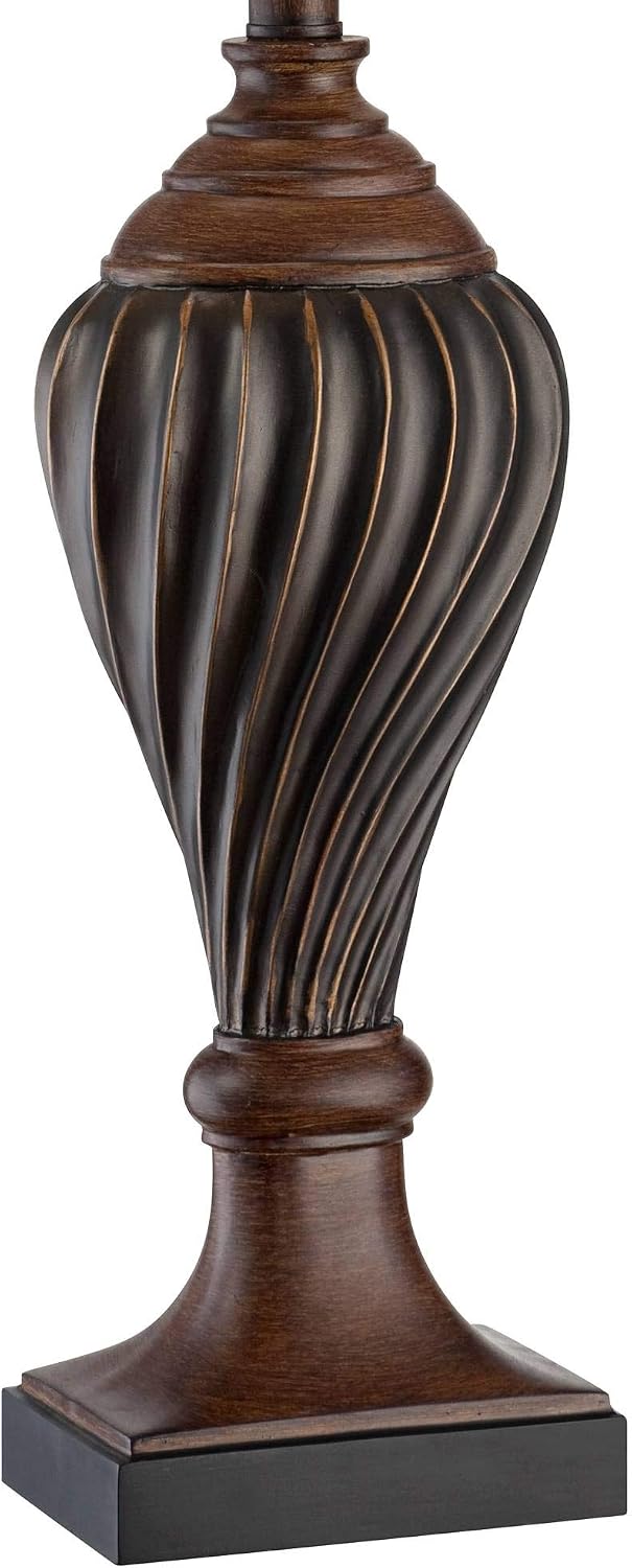 Regency Hill Carved 28 1/2' Tall Urn Traditional End Table Lamps Set of 2 Two-Tone Brown Finish Beige Shade Living Room Bedroom Bedside Nightstand House Office Home Kitchen Entryway Console Family