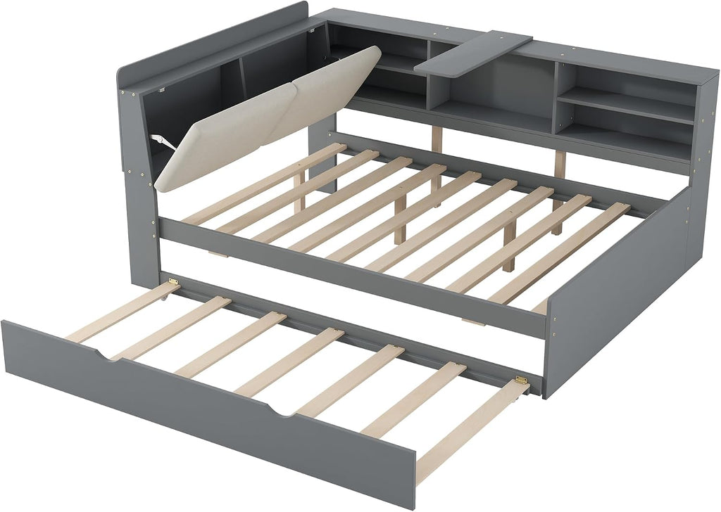 Full Size Bed with Storage Headboard, Full Daybed with Trundle and L-Shaped Shelves, Solid Wood Corner Platform Bed Frame with Storage for Apartment Bedroom, Grey
