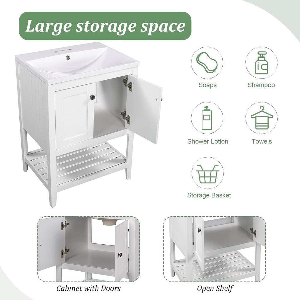 24 Inch Bathroom Vanity with Sink Set Combo, Cabinet with Doors and Open Shelf, Solid Wood Frame with Painted Finish, Modern Style