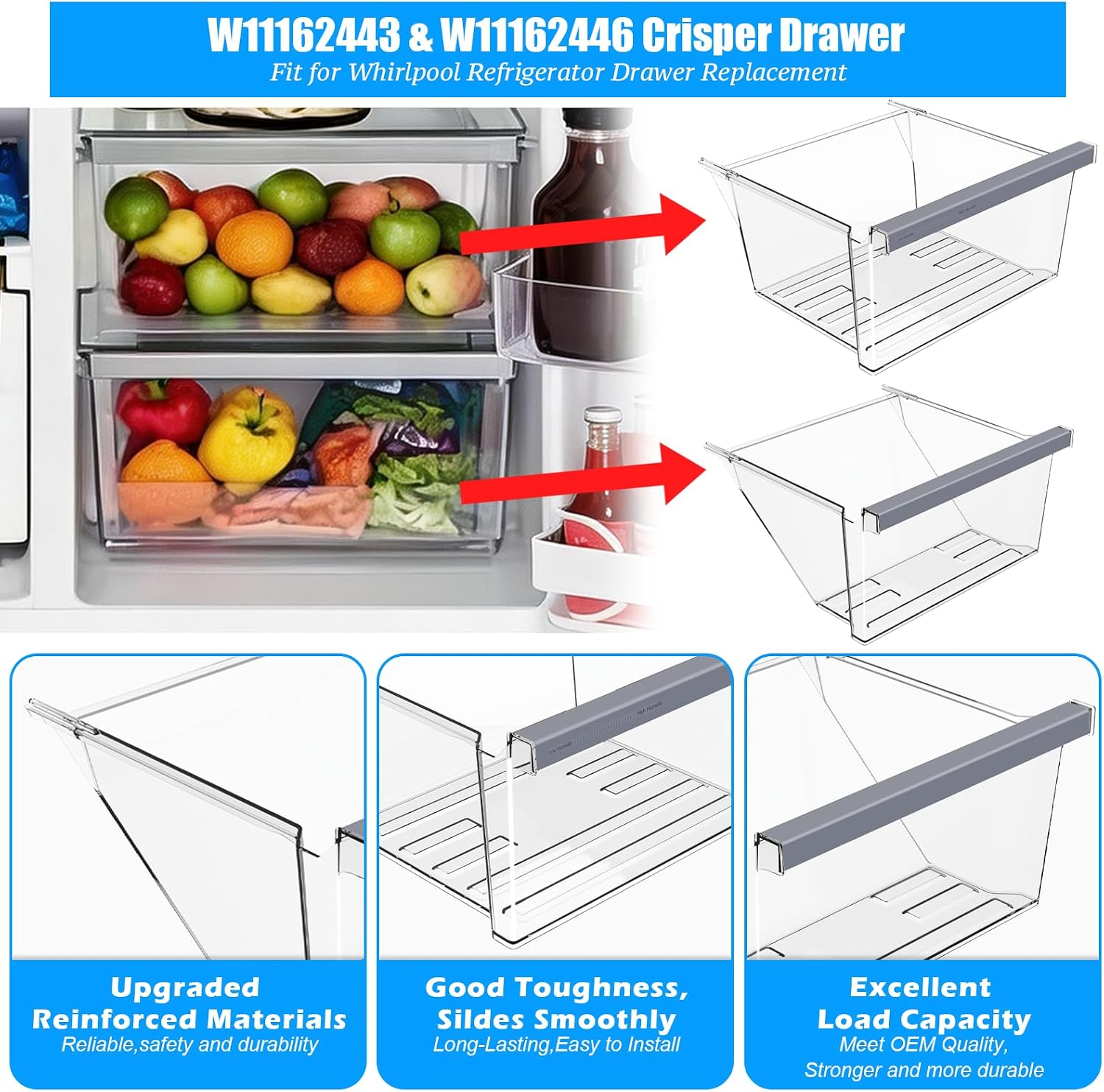 UPGRADED W11162443 Refrigerator Drawer & W11162446 Whirlpool Crisper Drawer Compatible with Whirlpool Fridge Drawer Replacement Parts WRS325SDHZ05 WRS315SDHM01 WRS555SIHZ03 Crisper Bins Drawer,2 Pack