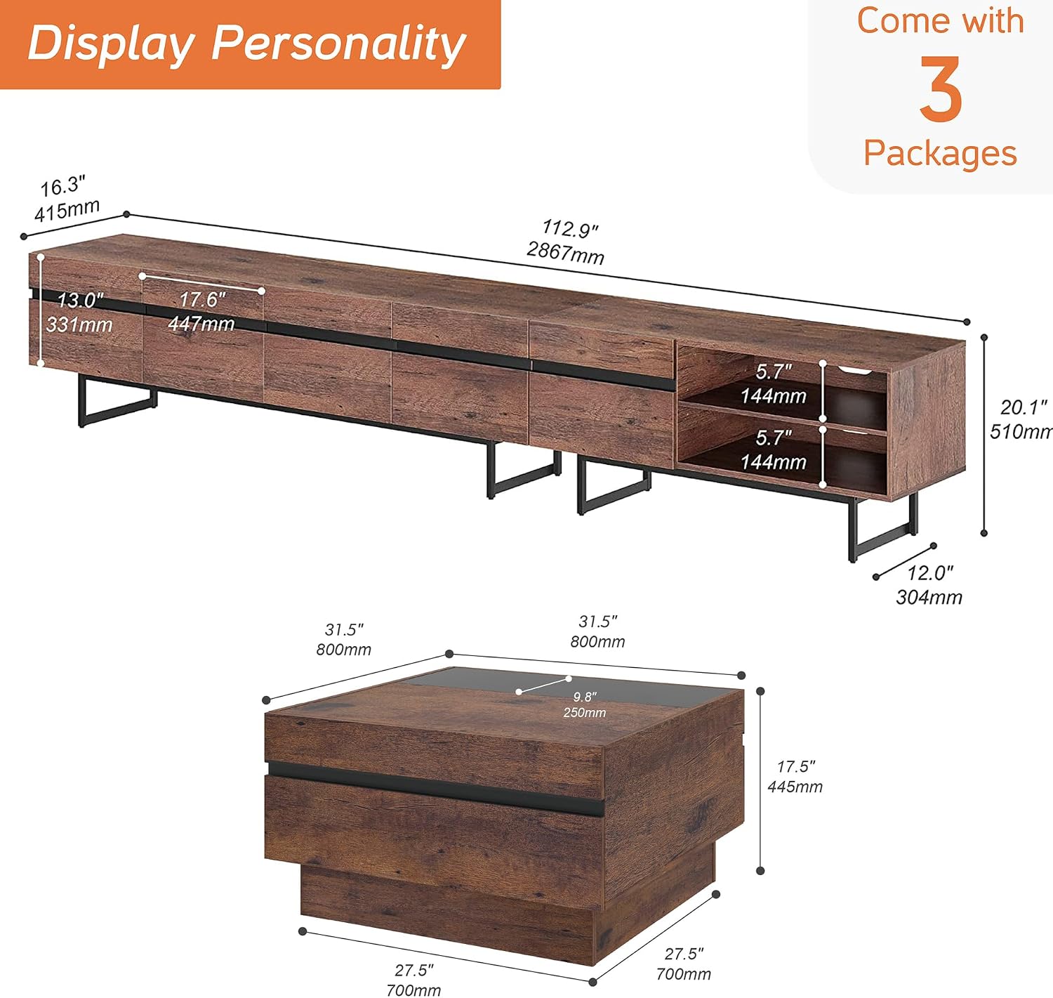 WAMPAT Modern TV Stand and Coffee Table Set of 2, Storage Entertainment Center for TVs Up to 100 inch, Square Center Table with Tempered Glass and Storage Drawers for Living Room, Brown