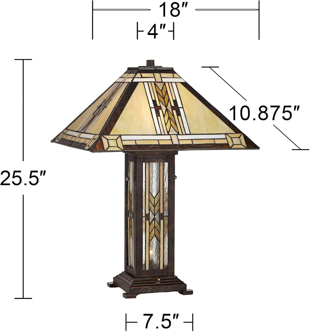 Franklin Iron Works Drake Mission Collection 25 1/2' High Tiffany-Style Farmhouse Rustic Southwestern Table Lamp Night Light Pull Chain Yellow Brown Art Glass Single Living Room Bedroom Bedside
