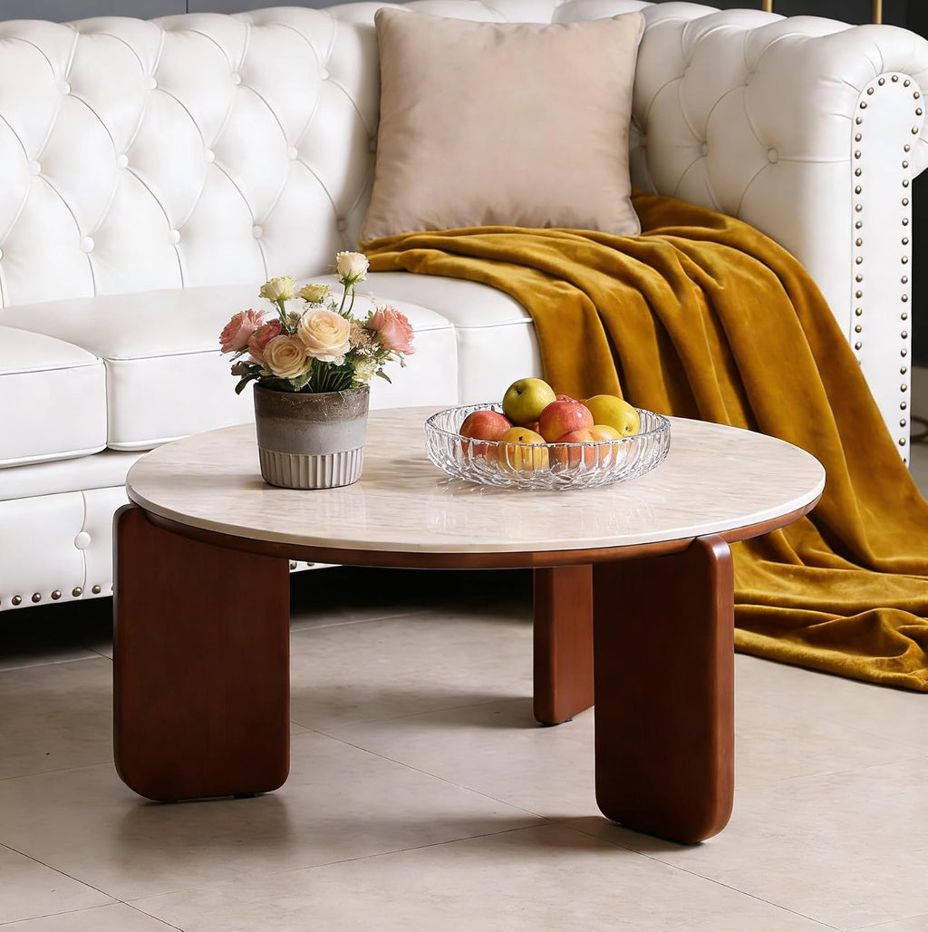 31.5' Modern Faux Mars Coffee Table, Round Sintered Stone Coffee Table with Walnut Solid Wood Leg, Faux Marble Drum Circle Center Table,Cocktail Tea Side End Tables for Living Room Apartment Home
