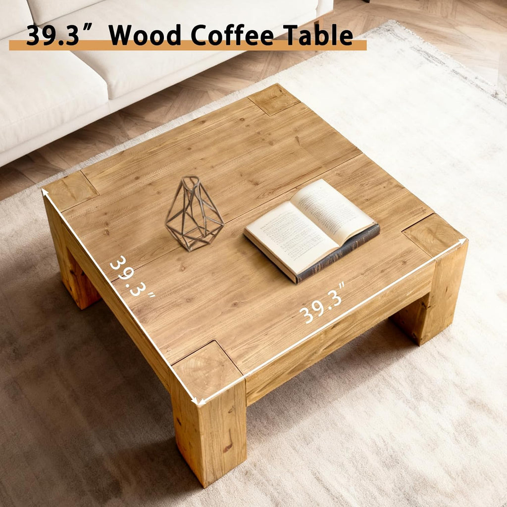 Rustic Wooden Coffee Table for Living Room, Big Square Coffee Table Mid Century Modern Center Table, Large Farmhouse Solid Wood Tea Table for Office Apartment (39.37''L × 39.37''W × 15.75''H)
