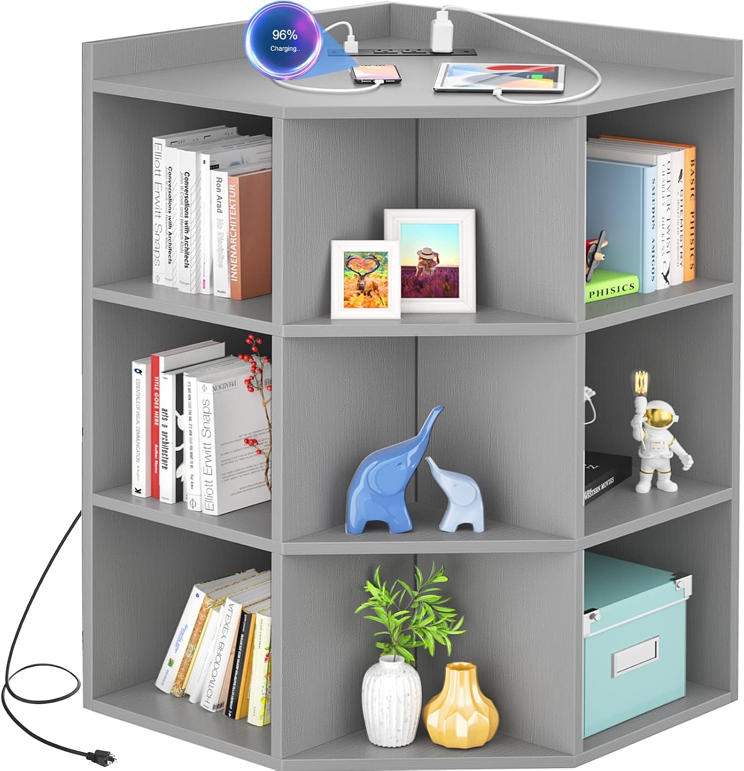 Aheaplus Corner Cabinet, Corner Storage with USB Ports and Outlets, Corners Cube Toy Storage for Small Space, Wooden Corners Cubby Bookshelf with 9 Cubes for Playroom, Bedroom, Living Room, Grey