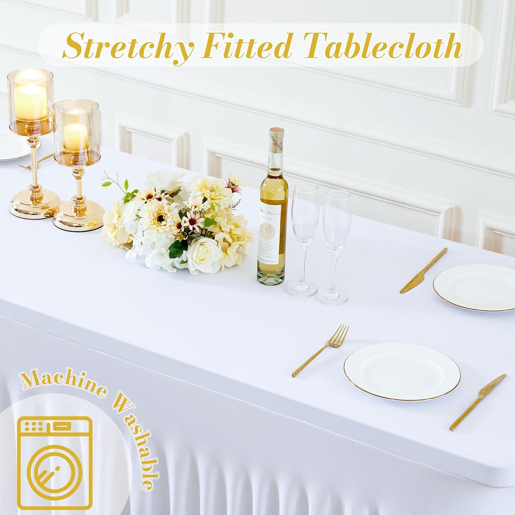 Besutolife 8 Pack White Spandex Tablecloth for 6ft Rectangle Tables Fitted Table Cloth Stretch Table Covers Skirt 6ft Rectangular Tablecloths for Banquet Parties Wedding Decorations