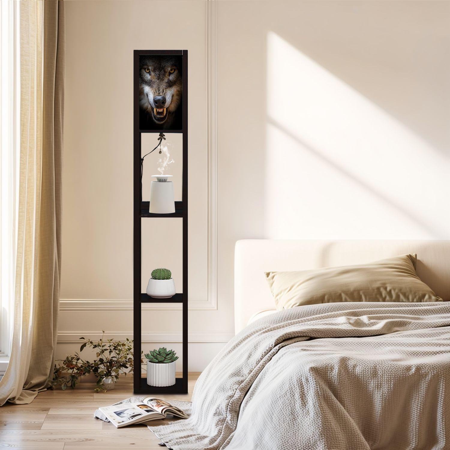 Floor Lamp with Shelves Snarling Eurasian Lupus Lupus Standing Tall Lamp USB Ports & Power Outlet Modern Corner Lamp Nightstand Light for Living Room Bedroom