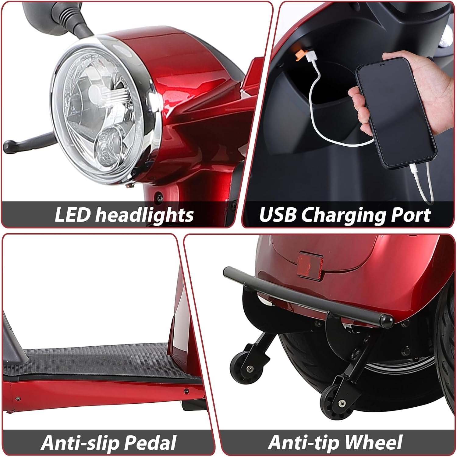 Heavy Duty Mobility Scooters for Seniors & Adults, Electric 3 Wheel Scooter for All Terrain, 800W Powered Disability Scooters for Outdoor Travel with Full Set Lights (Red)
