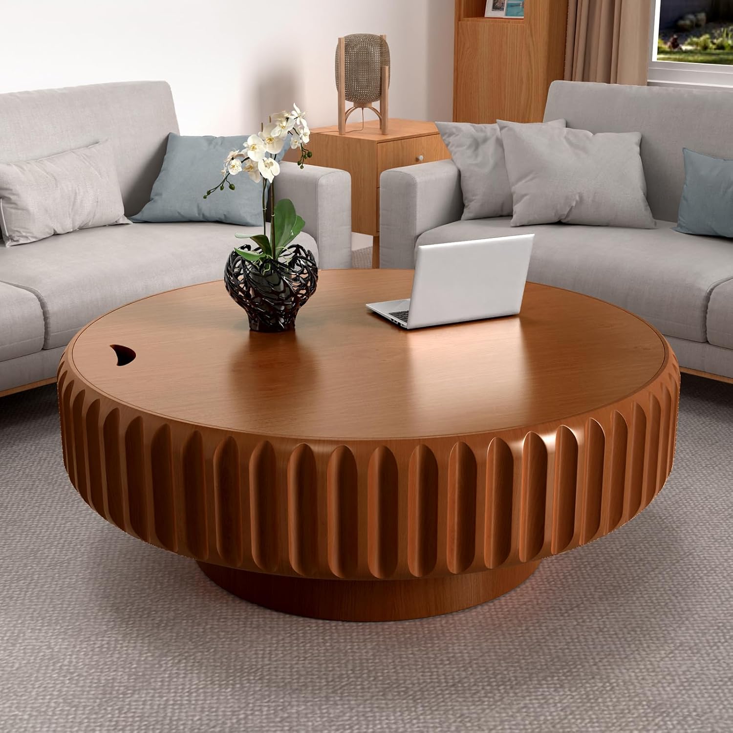 Drum Coffee Table with Hidden Storage, Modern Round Coffee Table for Living Room Circle Center Table with Solid Wood Fluted Veneered, Accent Tea Table for Small Space Apartment (Walnut 39.37 inch)