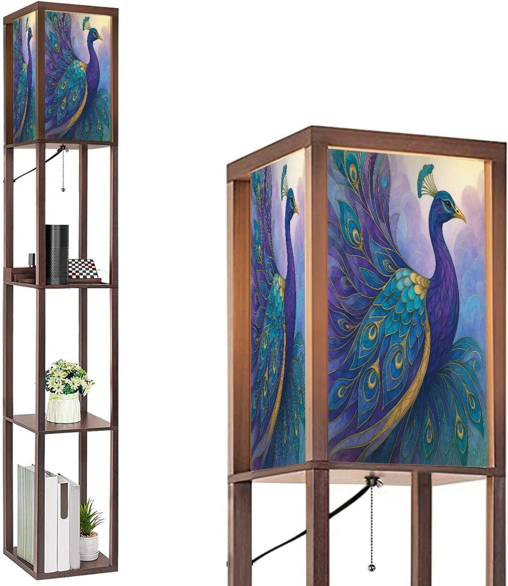 Floor Lamp with Shelves Modern Stained Glass Peacock Art Teal Gold Feathers Standing Tall Lamp USB Ports & Power Outlet Modern Corner Lamp Nightstand Light for Living Room Bedroom